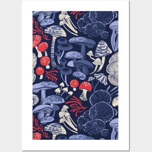 Mystical fungi // midnight blue background blue and red wild mushrooms Posters and Art